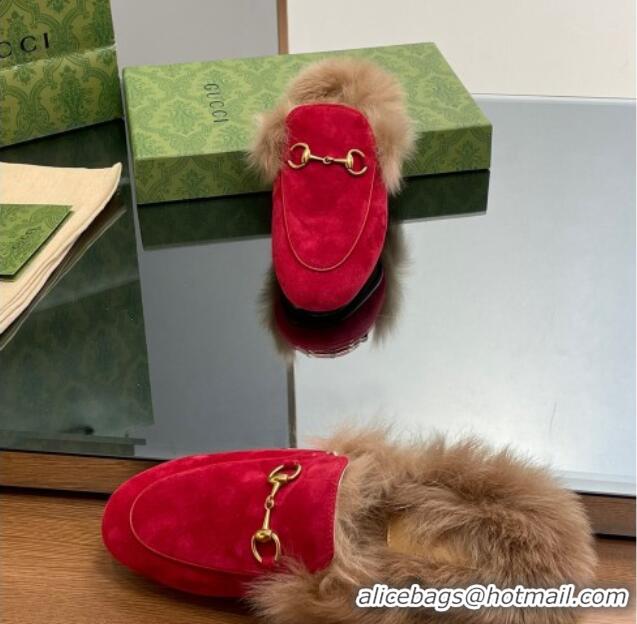 Popular Style Gucci Suede and Wool Slippers with Horsebit Red 025010