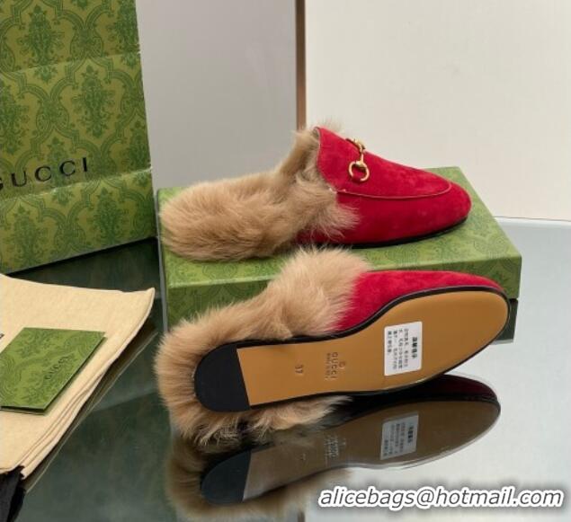 Popular Style Gucci Suede and Wool Slippers with Horsebit Red 025010