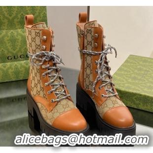 Most Popular Gucci GG Canvas and Leather Lace-up Ankle Boots Brown/Beige 025011