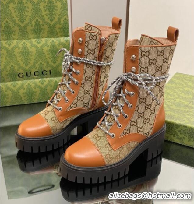 Most Popular Gucci GG Canvas and Leather Lace-up Ankle Boots Brown/Beige 025011