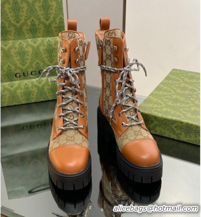 Most Popular Gucci GG Canvas and Leather Lace-up Ankle Boots Brown/Beige 025011