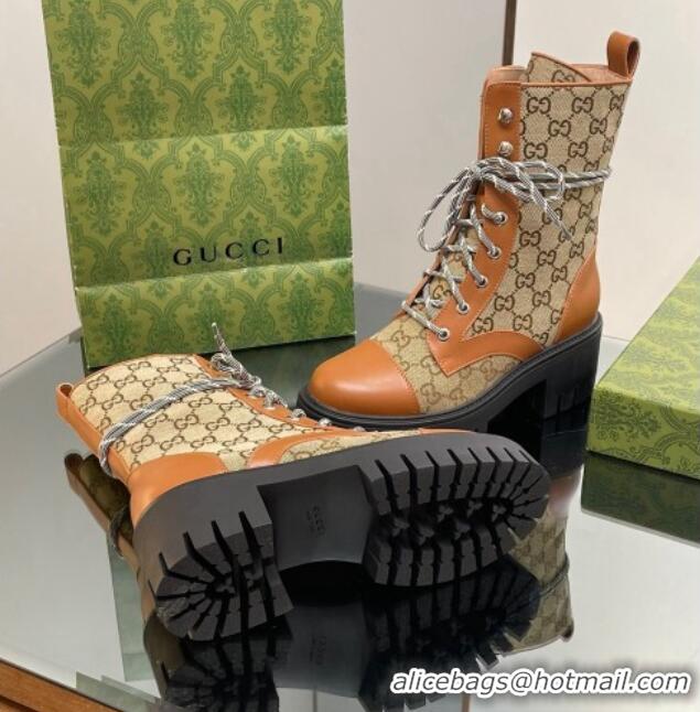 Most Popular Gucci GG Canvas and Leather Lace-up Ankle Boots Brown/Beige 025011