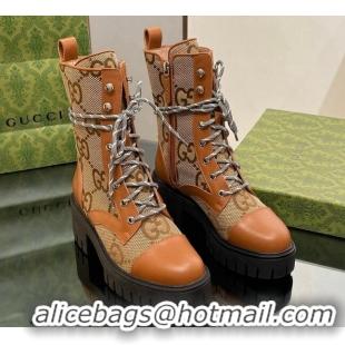 Best Quality Gucci Jumbo GG Canvas and Leather Lace-up Ankle Boots Brown 025012