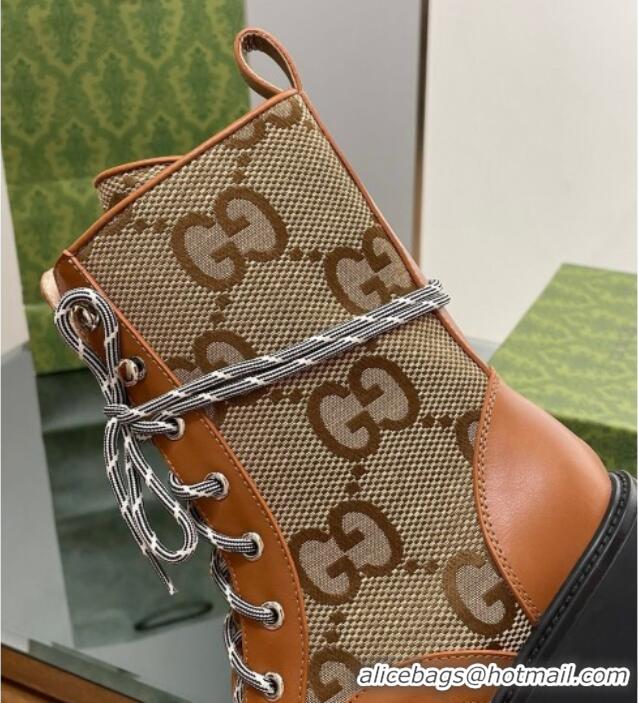 Best Quality Gucci Jumbo GG Canvas and Leather Lace-up Ankle Boots Brown 025012