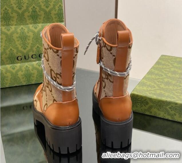 Best Quality Gucci Jumbo GG Canvas and Leather Lace-up Ankle Boots Brown 025012