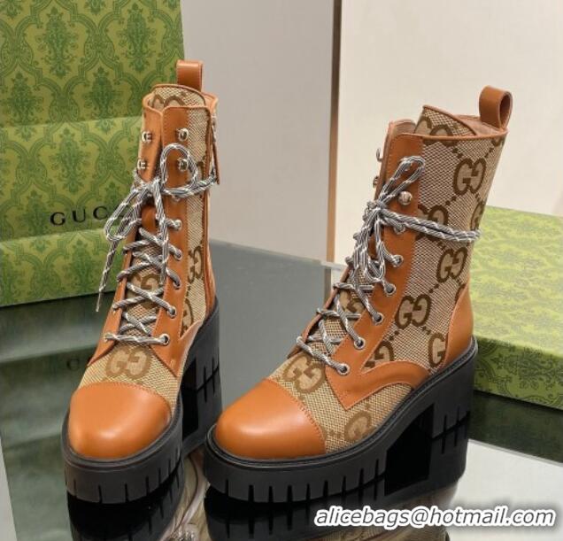 Best Quality Gucci Jumbo GG Canvas and Leather Lace-up Ankle Boots Brown 025012