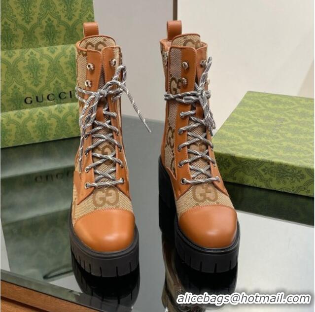 Best Quality Gucci Jumbo GG Canvas and Leather Lace-up Ankle Boots Brown 025012