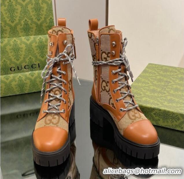 Best Quality Gucci Jumbo GG Canvas and Leather Lace-up Ankle Boots Brown 025012