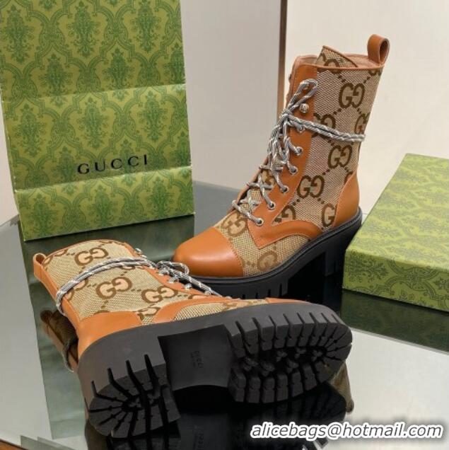 Best Quality Gucci Jumbo GG Canvas and Leather Lace-up Ankle Boots Brown 025012