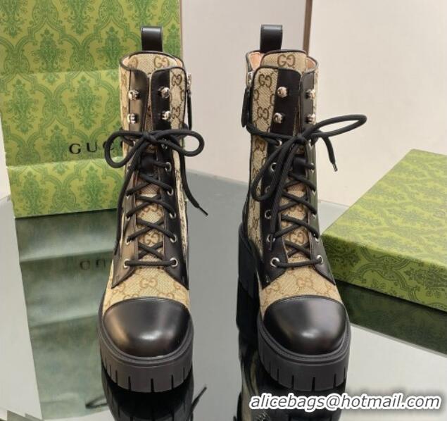 Super Quality Gucci GG Canvas and Leather Lace-up Ankle Boots Black/Camel 025014