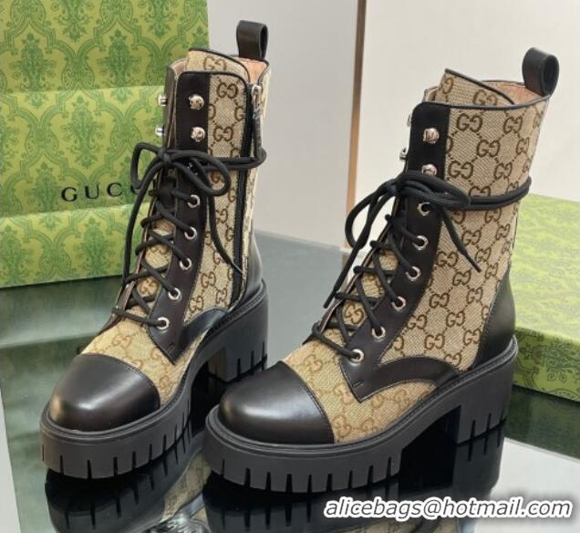 Super Quality Gucci GG Canvas and Leather Lace-up Ankle Boots Black/Camel 025014