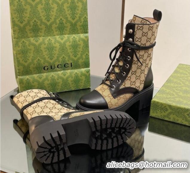 Super Quality Gucci GG Canvas and Leather Lace-up Ankle Boots Black/Camel 025014