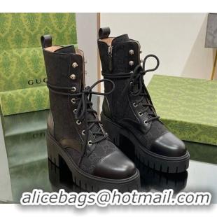 Top Quality Gucci Jumbo GG Canvas and Leather Lace-up Ankle Boots Black 025015