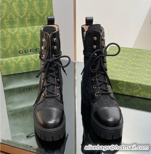 Top Quality Gucci Jumbo GG Canvas and Leather Lace-up Ankle Boots Black 025015