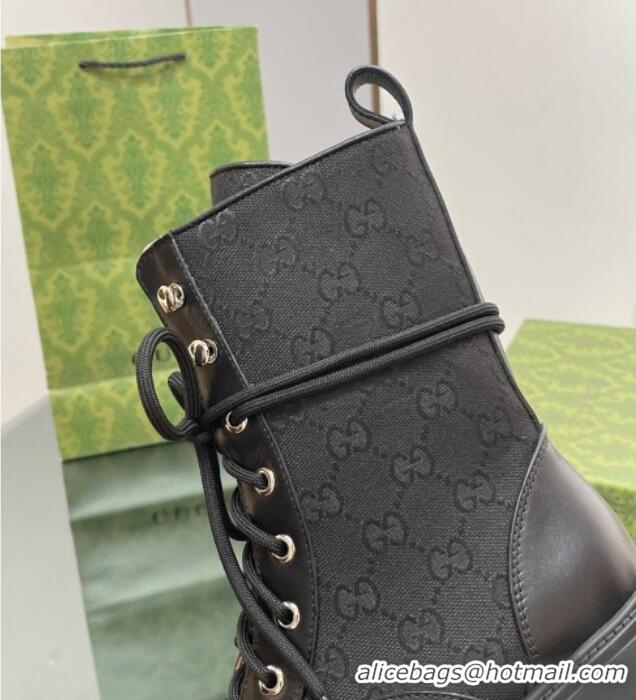 Top Quality Gucci Jumbo GG Canvas and Leather Lace-up Ankle Boots Black 025015