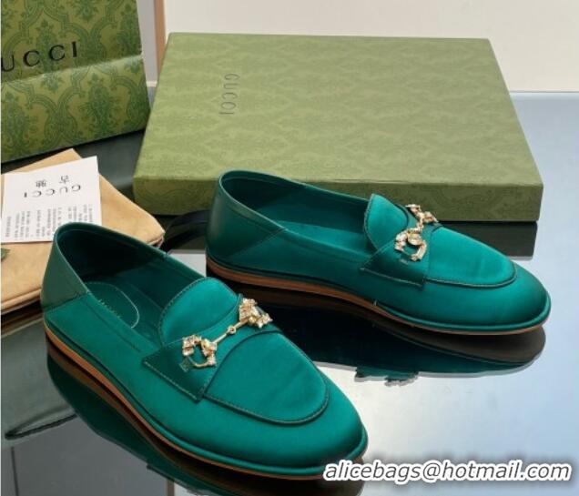 Most Popular Gucci Horsebit Flat Loafers with Crystals in Satin Green 025016