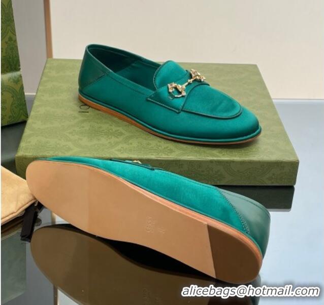 Most Popular Gucci Horsebit Flat Loafers with Crystals in Satin Green 025016