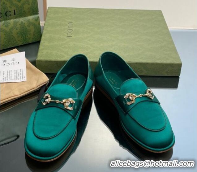 Most Popular Gucci Horsebit Flat Loafers with Crystals in Satin Green 025016