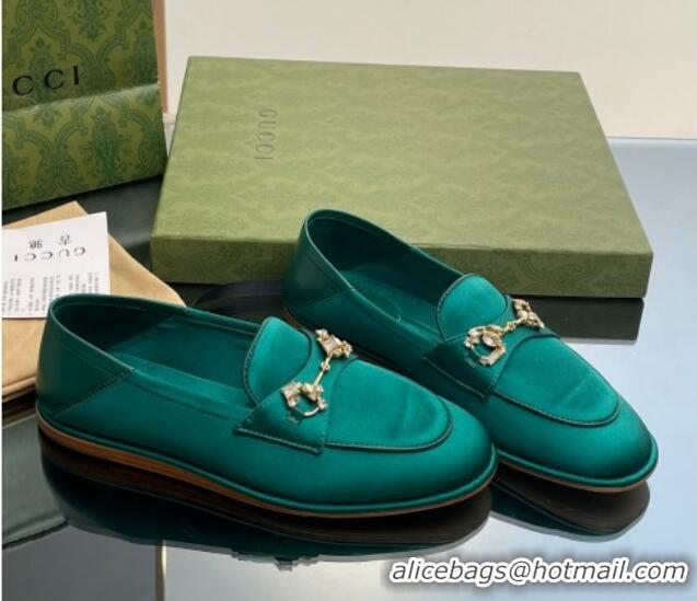 Most Popular Gucci Horsebit Flat Loafers with Crystals in Satin Green 025016