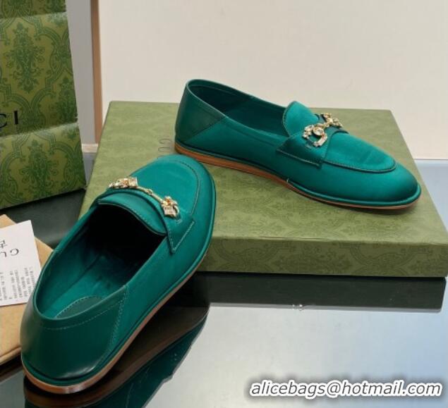 Most Popular Gucci Horsebit Flat Loafers with Crystals in Satin Green 025016