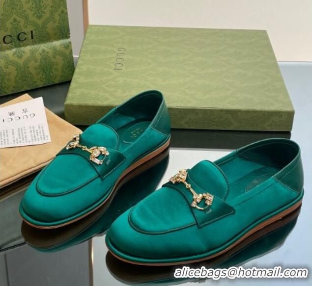 Most Popular Gucci Horsebit Flat Loafers with Crystals in Satin Green 025016