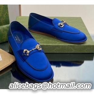 Good Taste Gucci Horsebit Flat Loafers with Crystals in Satin Blue 025017