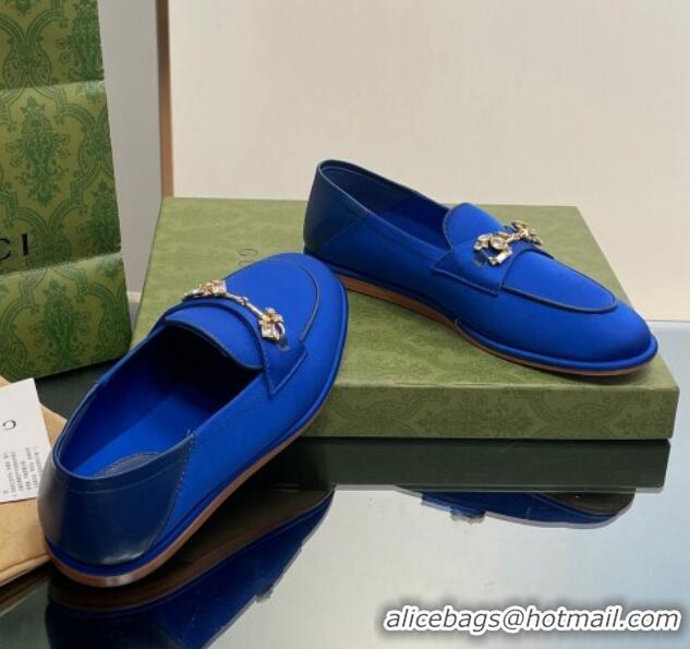 Good Taste Gucci Horsebit Flat Loafers with Crystals in Satin Blue 025017