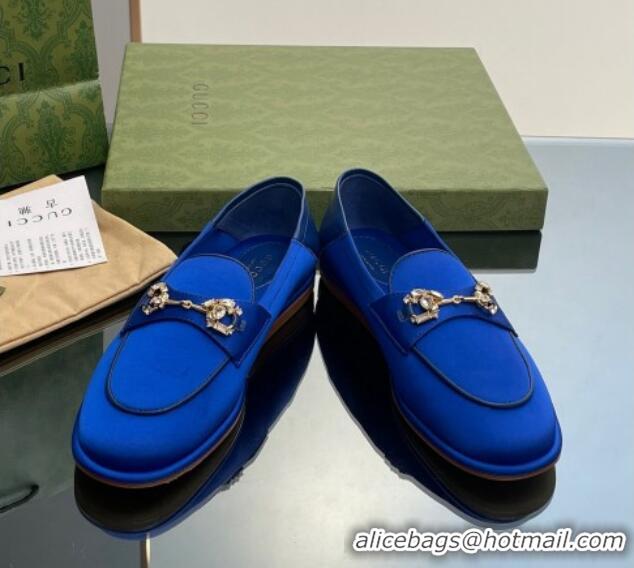 Good Taste Gucci Horsebit Flat Loafers with Crystals in Satin Blue 025017