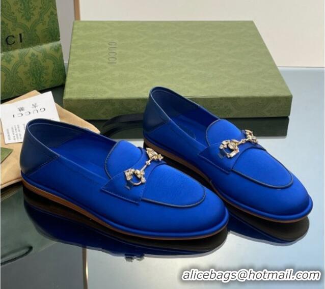 Good Taste Gucci Horsebit Flat Loafers with Crystals in Satin Blue 025017