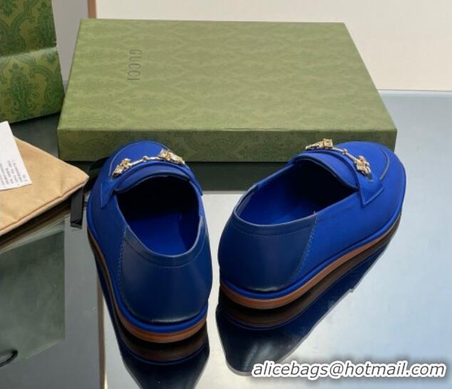 Good Taste Gucci Horsebit Flat Loafers with Crystals in Satin Blue 025017