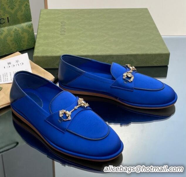 Good Taste Gucci Horsebit Flat Loafers with Crystals in Satin Blue 025017