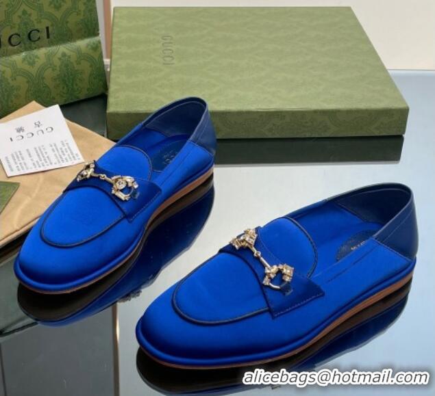 Good Taste Gucci Horsebit Flat Loafers with Crystals in Satin Blue 025017