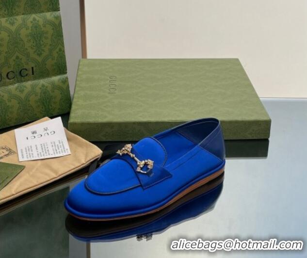 Good Taste Gucci Horsebit Flat Loafers with Crystals in Satin Blue 025017