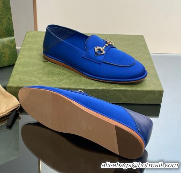 Good Taste Gucci Horsebit Flat Loafers with Crystals in Satin Blue 025017