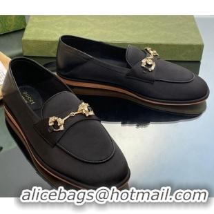 Charming Gucci Horsebit Flat Loafers with Crystals in Satin Black 025018