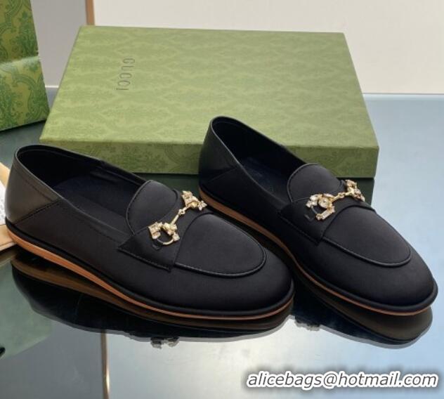 Charming Gucci Horsebit Flat Loafers with Crystals in Satin Black 025018