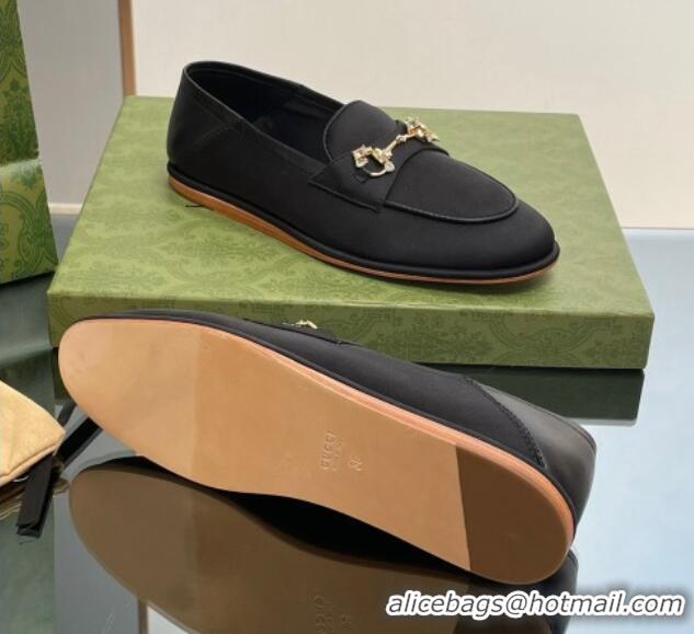 Charming Gucci Horsebit Flat Loafers with Crystals in Satin Black 025018