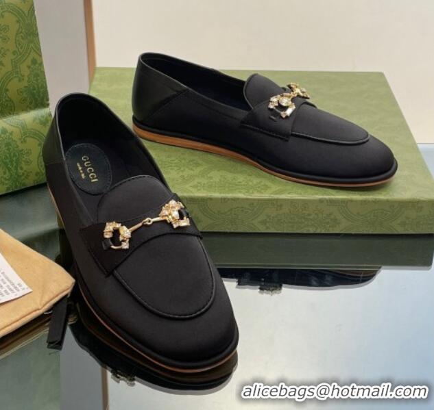 Charming Gucci Horsebit Flat Loafers with Crystals in Satin Black 025018