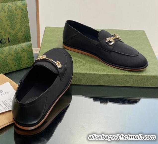 Charming Gucci Horsebit Flat Loafers with Crystals in Satin Black 025018