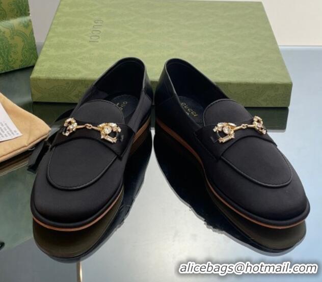 Charming Gucci Horsebit Flat Loafers with Crystals in Satin Black 025018