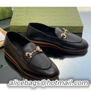 Good Quality Gucci Horsebit Flat Loafers with Crystals in Leather Black 025019