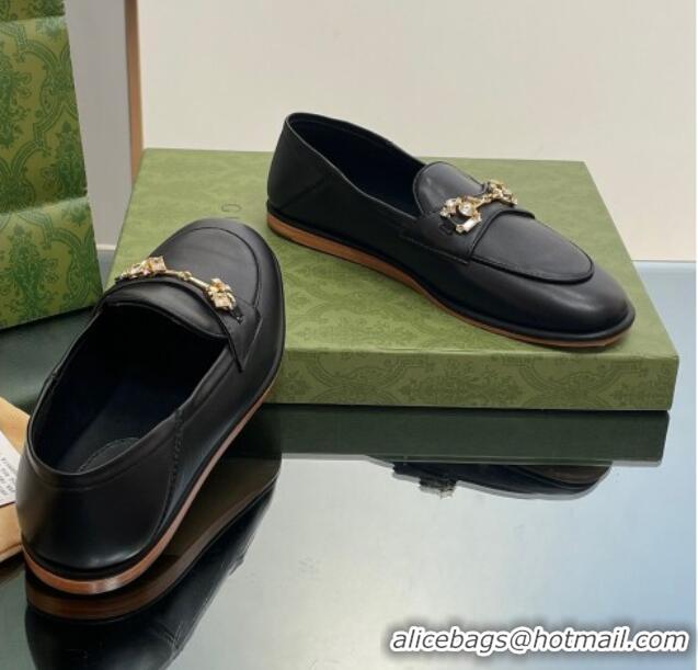 Good Quality Gucci Horsebit Flat Loafers with Crystals in Leather Black 025019