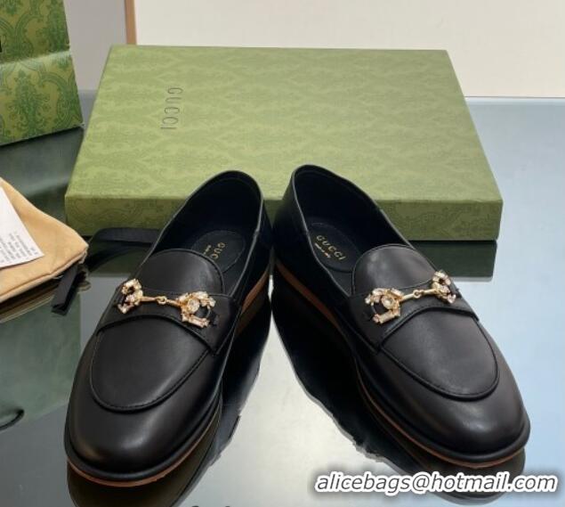 Good Quality Gucci Horsebit Flat Loafers with Crystals in Leather Black 025019