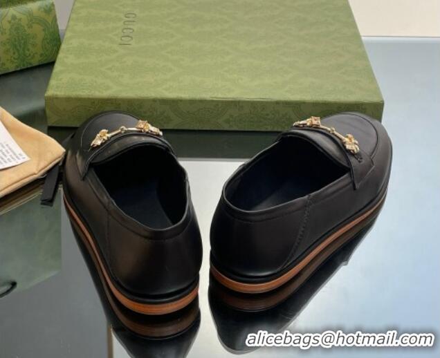 Good Quality Gucci Horsebit Flat Loafers with Crystals in Leather Black 025019