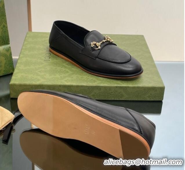 Good Quality Gucci Horsebit Flat Loafers with Crystals in Leather Black 025019