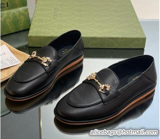 Good Quality Gucci Horsebit Flat Loafers with Crystals in Leather Black 025019