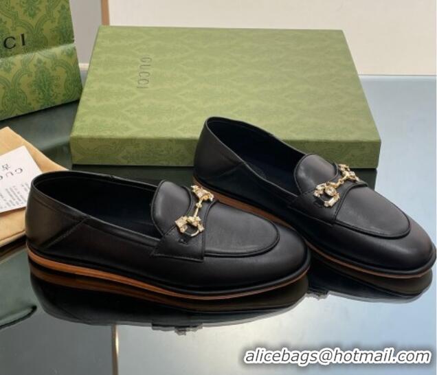 Good Quality Gucci Horsebit Flat Loafers with Crystals in Leather Black 025019