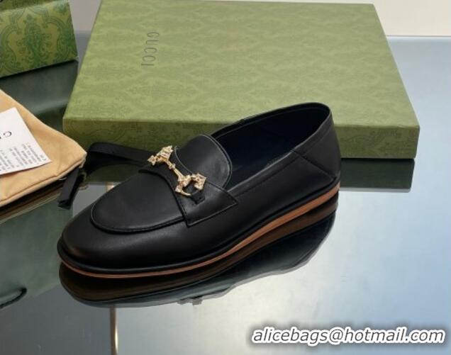 Good Quality Gucci Horsebit Flat Loafers with Crystals in Leather Black 025019