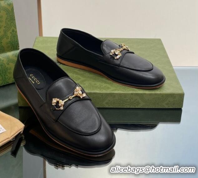 Good Quality Gucci Horsebit Flat Loafers with Crystals in Leather Black 025019