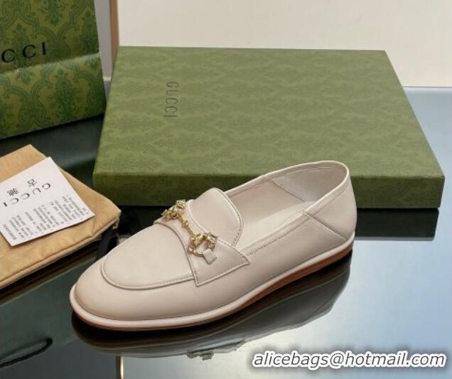 Buy Discount Gucci Horsebit Flat Loafers with Crystals in Leather White 025020